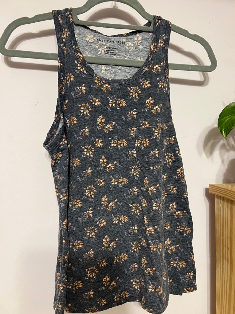 American Eagle Outfitters Charcoal Blueish Floral Pocket Tank with Peach Accents